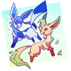  :d animal_focus aqua_background blue_eyes blue_fur border bright_pupils brown_eyes brown_fur fang full_body glaceon green_fur highres leaf leafeon looking_at_another no_humans open_mouth pokemon pokemon_(creature) pokemon_focus simple_background skyumbreon smile solo two-tone_fur white_border white_pupils yellow_fur 