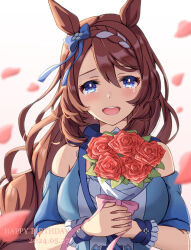  1girl animal_ears bag bare_shoulders between_breasts blue_bag blue_dress blue_eyes blue_scarf blue_wrist_cuffs blush bouquet bow braid braided_ponytail breasts brown_hair commentary_request crying dress ear_bow flower hair_between_eyes highres holding holding_bouquet horse_ears horse_girl large_breasts long_hair looking_at_viewer multicolored_hair open_mouth petals scarf shoulder_bag smile solo strap_between_breasts streaked_hair super_creek_(murmuring_stream)_(umamusume) super_creek_(umamusume) tears teeth umamusume upper_teeth_only very_long_hair white_hair wrist_cuffs yuru_010 