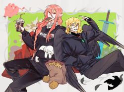  2boys androgynous animification bag bird bird_boy bird_wings bishounen black_hoodie black_pants black_sweater blonde_hair blue_eyes braid cape casual clothes_writing commentary contemporary crow crown_hair_ornament cup dog doughnut dream_smp english_commentary eye_contact floof_(technoblade) food food_in_mouth fur-trimmed_cape fur_trim grin hair_ornament hand_in_pocket hardcore_heart highres holding holding_cup hood hoodie humanization long_hair looking_at_another male_focus medium_hair minecraft_sword minecraft_youtube multiple_boys pants paper_bag ph1lza ph1lza's_chat pig pink_hair pointy_ears potato real_life red_cape red_eyes rzkudan side_braid sitting smile sweater sword technoblade unworn_cape very_long_hair weapon wings 