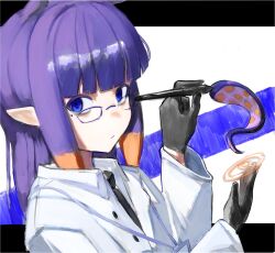  1girl alternate_costume artist_painter black_gloves black_shirt blue_eyes blunt_bangs collared_jacket commentary eyelashes from_side glasses gloves hand_up highres holding holding_stylus hololive hololive_english id_card jacket lanyard letterboxed looking_at_viewer looking_over_eyewear mole mole_under_eye multicolored_hair ninomae_ina'nis nynaceae orange_hair outside_border portal_(object) purple_background purple_hair sanpaku shirt solo streaked_hair stylus summoning tareme tentacle_hair tentacles two-tone_background two-tone_hair unbuttoned_jacket upper_body virtual_youtuber white_background white_jacket 