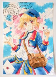  1girl bag black_necktie blonde_hair blue_hat blue_jacket blue_skirt blue_sky brown_bag commentary_request copyright_name cowboy_shot cropped_jacket curly_hair dated flower flower-shaped_pupils frilled_shirt frills goma_no_sato hands_up hat hat_flower holding holding_letter jacket letter looking_at_viewer mailbag mailman morisawa_kyouko necktie newsboy_cap open_clothes open_jacket open_mouth painting_(medium) pleated_skirt plum_blossoms postage_stamp red_eyes shirt short_hair shoulder_bag skirt sky sleeve_cuffs smile solo standing symbol-shaped_pupils tassel thank_you traditional_media ume-chan_(goma_no_sato) watercolor_(medium) white_shirt 