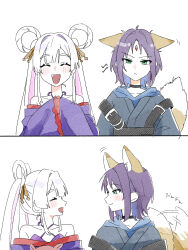  2girls animal_ears bare_shoulders blue_hair blush cho_kaguya-hime! closed_eyes collarbone colored_inner_hair commentary_request facing_another forehead_jewel fox_ears fox_tail green_eyes hair_ornament hair_rings hair_stick halterneck highres long_hair looking_at_another looking_at_viewer multicolored_hair multiple_girls open_mouth pink_hair purple_hair runami_yachiyo sakayori_iroha smile syunka_11 tail tail_wagging twintails two-tone_hair upper_body white_background white_hair 