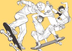  3boys bakugou_katsuki boku_no_hero_academia burn_scar closed_mouth collarbone commentary english_commentary freckles full_body greyscale_with_colored_background hama_(piyohiko0310) highres male_focus midair midoriya_izuku multicolored_hair multiple_boys open_mouth pants scar scar_on_face shirt shoes short_hair shorts simple_background skateboard skateboarding spiky_hair split-color_hair t-shirt tank_top teeth todoroki_shoto two-tone_hair yellow_background 