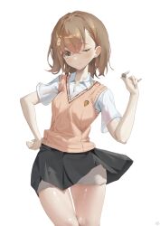  1girl ;) absurdres asymmetrical_bangs birthday black_skirt breasts brown_eyes brown_hair brown_sweater_vest coin collared_shirt commentary_request hair_ornament hairpin hand_on_own_hip hand_up highres holding holding_coin kuuhaku_(pskf2372) looking_at_viewer medium_hair miniskirt misaka_mikoto one_eye_closed pleated_skirt school_emblem school_uniform shirt short_sleeves shorts shorts_under_skirt skirt small_breasts smile summer_uniform sweater_vest toaru_kagaku_no_railgun toaru_majutsu_no_index tokiwadai_school_uniform v-neck white_background white_shirt 
