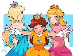  3girls :d ;d artist_name bare_shoulders blonde_hair blue_dress blue_eyes breasts brooch brown_hair collarbone commentary double_v dress dullorangepulp earrings elbow_gloves english_commentary eyelashes flower_brooch flower_earrings gloves hair_over_one_eye jewelry long_hair long_sleeves looking_at_viewer medium_breasts multiple_girls off-shoulder_dress off_shoulder one_eye_closed open_mouth orange_dress pink_dress princess_daisy princess_peach puffy_short_sleeves puffy_sleeves rosalina short_sleeves smile sphere_earrings star_(symbol) star_brooch star_earrings super_mario_bros. twitter_username v white_gloves 