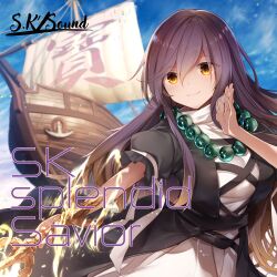  1girl album_cover album_name beads black_dress blonde_hair blue_sky breasts circle_name closed_mouth commentary_request cover cross-laced_clothes cross-laced_dress day dress gradient_hair highres hijiri_byakuren holding large_breasts layered_dress long_hair looking_at_viewer midori_(misuriru8) multicolored_hair palanquin_ship prayer_beads puffy_short_sleeves puffy_sleeves purple_hair s.k_sound second-party_source short_sleeves sky smile solo touhou translation_request very_long_hair white_dress yellow_eyes 