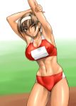  armpits athletic bb bra breasts brown_eyes brown_hair buruma clothed fit hairband kashiwagi_azusa kizuato lingerie midriff muscle navel shiny shiny_skin short_hair sports_bra stretch tan tanline toned track_and_field underwear wink 