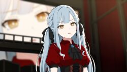 1girl ascot bang_dream! bang_dream!_it's_mygo!!!!! black_ascot black_ribbon blue_hair blunt_bangs blurry blurry_background brooch brown_eyes chain's commentary confused earrings english_commentary hair_ribbon highres indoors jewelry long_hair oblivionis_(bang_dream!) open_mouth red_shirt ribbon screen shirt sidelocks solo stage textless_version togawa_sakiko twintails two_side_up upper_body 