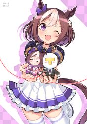  1girl animal_ears black_jacket blush bow bowtie braid brown_hair character_doll doll ear_bow half_up_braid heart highres holding holding_doll horse_ears horse_girl horse_tail jacket multicolored_hair open_mouth pleated_skirt purple_bow purple_bowtie sbql_(niaunclefan) school_uniform shirt short_hair short_sleeves skirt smile special_week_(special_dreamer)_(umamusume) special_week_(umamusume) t-head_trainer_(umamusume) tail thigh-highs tracen_school_uniform trainer_(umamusume) two-tone_hair umamusume violet_eyes white_hair white_skirt white_thighhighs wide_sleeves zettai_ryouiki 