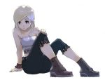  1girl bad_id bare_shoulders belt blonde_hair boots enami_katsumi lace midriff original shoes sitting solo strapless 