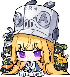  1girl :< absurdres avocaboo_(zenless_zone_zero) bangboo_(zenless_zone_zero) blonde_hair blue_jacket chibi chibi_only closed_mouth commentary_request eous_(zenless_zone_zero) grey_hat hat highres jacket kkochmanyeo large_hat long_hair looking_at_viewer norma_(zenless_zone_zero) overtimeboo_(zenless_zone_zero) safety_(zenless_zone_zero) sharkboo_(zenless_zone_zero) simple_background sitting violet_eyes white_background zenless_zone_zero 