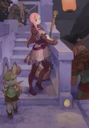  1girl blue_eyes breasts carrying closed_mouth cocktail_umbrella cup dress drinking_straw final_fantasy final_fantasy_tactics_advance full_body green_shirt holding holding_cup lantern long_hair medium_breasts moogle nakade1 nu_mou open_mouth parted_lips pink_hair ritz_malheur shirt short_dress shorts shoulder_carry stairs white_dress 