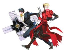  2boys a2289298977 blonde_hair cigarette coat commentary cross cross_punisher doughnut food gun highres large_cross multiple_boys nicholas_d._wolfwood orange-tinted_eyewear prosthesis prosthetic_arm red_coat revolver round_eyewear smoking spiky_hair sunglasses tinted_eyewear trigun trigun_maximum vash_the_stampede weapon 