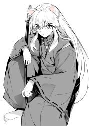  1boy absurdres animal_ears arm_on_knee barefoot bead_necklace beads blue_gk closed_mouth commentary_request dog_boy dog_ears foot_out_of_frame greyscale hair_between_eyes highres holding holding_sword holding_weapon inuyasha inuyasha_(character) japanese_clothes jewelry kimono knee_up long_hair long_sleeves male_focus monochrome necklace ribbon-trimmed_sleeves ribbon_trim sidelocks sitting solo spot_color sword tooth_necklace very_long_hair weapon wide_sleeves 