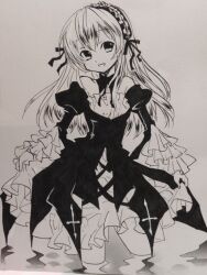  1girl ama-tou commentary_request dress hairband holding_own_dress lolita_fashion lolita_hairband long_hair looking_at_viewer marker_(medium) monochrome rozen_maiden smile solo suigintou traditional_media wading water 