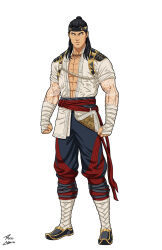 1boy arm_tattoo bandages black_hair black_hairband black_pants black_slippers chinese_clothes clenched_hands commentary commission dragon_tattoo english_commentary facing_viewer full_body glowing glowing_eyes glowing_tattoo hairband highres liu_kang liu_kang_(fire_god) looking_at_viewer male_focus medium_hair mortal_kombat mortal_kombat_(series) mortal_kombat_1_(2023) no_pupils open_clothes open_shirt pants phil-cho red_pants red_sash sash shirt short_sleeves signature slippers solo standing tattoo white_background white_eyes white_shirt