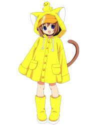  1girl 2000s_(style) adoptable bk_(barakoodra) blue_eyes boots brown_hair cat_girl cat_tail coat commentary english_commentary hood hood_up jacket original raincoat rubber_boots rubber_duck short_hair solo tail two_side_up visor_cap yellow_coat 