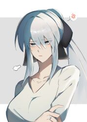  1girl absurdres angry black_bow blue_eyes blush bow braid breasts closed_mouth commentary english_commentary fate/grand_order fate_(series) grey_hair hair_between_eyes hair_bow half_up_braid highres jewelry large_breasts long_hair looking_at_viewer morgan_le_fay_(fate) ponytail ring shirt shoyumagi sidelocks simple_background solo upper_body very_long_hair white_hair white_shirt 