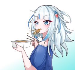  1girl absurdres alternate_costume blue_eyes blue_shirt blue_streaks chopsticks closed_mouth fang gawr_gura grey_hair hair_ornament highres holding holding_chopsticks hololive hololive_english looking_at_viewer medium_hair multicolored_hair rei_(2812q) shark_hair_ornament shirt skin_fang solo streaked_hair two_side_up virtual_youtuber 