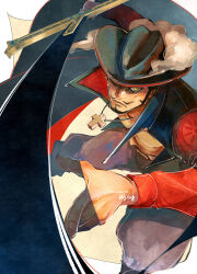  1boy beard black_hair closed_mouth coat cross_pendant dracule_mihawk facial_hair fujisee hat_feather highres holding holding_sword holding_weapon male_focus one_piece short_hair sideburns simple_background solo sword twitter_username weapon yellow_eyes 
