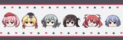  >:) 1boy 5girls :d ;d aoniku_yaris aqua_eyes aqua_hair arihara_nanami beret black_hair blonde_hair blue_eyes blue_hair blush bow braid closed_mouth commentary_request double-parted_bangs green_eyes hair_between_eyes hair_bow hair_ornament hairband hat head_only light_blush long_hair looking_at_viewer low_twintails medium_hair mibu_chisaki mitsukasa_ayase multiple_girls nijouin_hazuki one_eye_closed one_side_up open_mouth pink_hair pom_pom_(clothes) pom_pom_hair_ornament ponytail red_bow red_eyes red_hair red_hairband red_hat riddle_joker shikibe_mayu side_braid simple_background smile split_mouth suou_kyouhei tassel tassel_hair_ornament twintails v-shaped_eyebrows violet_eyes white_background x_hair_ornament 