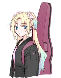  1girl :/ black_jacket blonde_hair blue_eyes blue_hair blush curtained_hair expressionless flower gradient_hair hair_flower hair_ornament highres instrument_case instrument_case_on_back jacket link!_like!_love_live! lone_nape_hair long_hair looking_at_viewer love_live! multicolored_hair open_clothes open_jacket osawa_rurino osawa_rurino_(summer_casual) parted_bangs pink_flower pink_sweater simple_background solo sweater twintails virtual_youtuber white_background zangemiya 