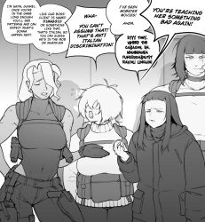  4girls blunt_bangs breasts bronco_(yblndr) closed_eyes coat commentary covered_navel dark-skinned_female dark_skin english_commentary flying_sweatdrops glasses gunnel_(yblndr) hair_over_one_eye highleg highleg_leotard highres holster knife_girl_(yblndr) large_breasts leotard leotard_under_clothes medium_breasts multiple_girls opaque_glasses original pouch scar scar_across_eye scar_on_cheek scar_on_face short_bangs shoulder_holster sweatdrop sweater tall_female turtleneck turtleneck_sweater yblndr 