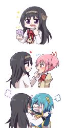  3girls absurdres akemi_homura anger_vein bandage_over_one_eye bandaged_head bandages bandages_over_mouth black_hair blank_eyes blue_gloves blue_hair bow bowtie commentary eyewear_strap glasses gloves hand_mirror heart highres holding holding_hands holding_mirror jx2_(jennyiq) kaname_madoka lab_coat loupe mahou_shoujo_madoka_magica mahou_shoujo_madoka_magica:_walpurgis_no_kaiten miki_sayaka miki_sayaka_(magical_girl) mirror mitakihara_school_uniform mouth_pull multiple_girls pink_eyes pink_hair puff_of_air red-framed_eyewear red_bow red_bowtie school_uniform teeth violet_eyes 