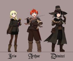  1girl 2boys :d ahoge aiming_up antique_firearm armor arthur_(kurisuu101) bag belt black_capelet black_coat black_hair black_hat black_jacket black_pants black_skirt blackletter blonde_hair blue_eyes blush bob_cut book boots braid breastplate breasts brown_background brown_bag brown_belt brown_boots brown_gloves brown_leggings brown_pants brown_shirt capelet carrying_over_shoulder character_name coat collared_shirt commentary dimitri_(kurisuu101) double-parted_bangs dress_shirt english_commentary eyelashes finger_on_trigger firelock flintlock full_body gloves green_eyes grimoire grin gun hair_between_eyes hair_over_shoulder handgun hat hat_belt highres holding holding_book holding_gun holding_scroll holding_sword holding_weapon holster iris_(kurisuu101) jacket knee_boots kurisuu101 leggings long_coat long_hair looking_to_the_side medium_breasts messenger_bag multiple_boys necktie open_book open_clothes open_coat original pants parted_lips pauldrons pencil_skirt pentagram pilgrim_hat red_eyes red_hair reference_sheet scroll shirt shoulder_armor shoulder_bag side-by-side single_braid skirt smile sword tunic weapon white_shirt yellow_necktie 