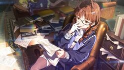  2girls akizuki_ritsuko antenna_hair black_jacket blue_necktie book braid brown_eyes brown_hair card_commentary chair commentary_request game_asset glasses gloves holding holding_paper hoshii_miki idolmaster idolmaster_(classic) idolmaster_million_live! idolmaster_million_live!_theater_days indoors jacket long_hair long_sleeves multiple_girls necktie official_alternate_costume official_art on_chair paper pile_of_books reading single_glove sitting sleeping third-party_source twin_braids white_gloves youth_wandering_(idolmaster) 