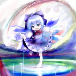  blue_eyes blue_hair bow chipika cirno dress dress_lift looking_at_viewer lowres no_shoes open_mouth short_hair smile socks solo standing_on_one_leg touhou white_legwear wings 