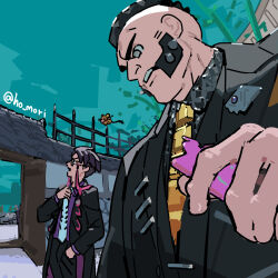  2boys blue_sky corbeau_(pokemon) courtyard dedenne hand_in_pocket hands_on_own_chest harurie highres looking_to_the_side looking_up multiple_boys open_mouth outdoors philippe_(pokemon) pokemon pokemon_legends:_z-a sky 