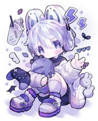  1boy abstract_background absurdres bag bare_legs blue_eyes blush bright_pupils chibi commentary_request controller cream drinking_straw facing_viewer floating floating_object full_body game_controller glass hair_between_eyes hand_up headphones heart highres jacket looking_at_viewer male_focus original shimata_(simataaaa01) shoes shorts shoulder_bag simple_background socks solo solo_focus white_background white_hair white_jacket white_socks 