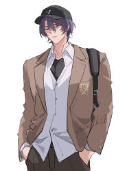  1boy absurdres alternate_costume backpack bag baseball_cap black_hat black_pants blazer brown_jacket buttons collared_shirt commentary dr._ratio_(honkai:_star_rail) dress_shirt english_commentary hands_in_pockets hat highres honkai:_star_rail honkai_(series) jacket male_focus open_clothes open_jacket pants school_uniform se1ki1 shirt short_hair simple_background solo twitter_username white_background white_shirt 