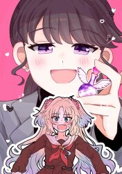  2girls @_@ absurdres black_sweater blonde_hair blue_eyes blue_hair blush brown_dress brown_hair collarbone commentary doujinshi_cover_trope_(trend) dress earrings fang flower fujishima_megumi fujishima_megumi_(post-graduation) gradient_hair grey_jacket hair_flower hair_ornament hasu_no_sora_school_uniform heart heart_earrings highres holding_potion jacket jewelry link!_like!_love_live! long_sleeves love_live! love_potion multicolored_hair multiple_girls neckerchief nervous_sweating nose_blush open_clothes open_jacket open_mouth osawa_rurino parted_bangs pink_background pink_flower red_neckerchief sailor_collar sailor_dress school_uniform sidelocks suit_jacket sweat sweater turtleneck turtleneck_sweater twintails violet_eyes virtual_youtuber watage_modoki white_sailor_collar winter_uniform yuri 