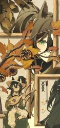  1girl absurdres animal_ears arknights black_hair branch chinese_commentary closed_mouth coat commentary_request figure green_coat green_eyes hair_between_eyes hat highres holding holding_instrument instrument leaf long_hair meteor_(arknights) meteor_(bard's_holiday)_(arknights) minuo mole mole_under_eye multicolored_hair music official_alternate_costume open_clothes open_coat open_mouth pants picture_frame plant playing_instrument smile solo split_mouth streaked_hair white_hair white_hat white_pants 