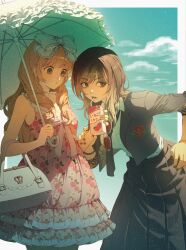 2girls absurdres bag black_eyes black_hair black_jacket black_lips black_necktie black_skirt blonde_hair border bow bracelet brown_eyes clouds collared_shirt commentary cropped_jacket day dress drinking drinking_straw floral_print frilled_umbrella frills glasses gradient_hair grey_hair hair_bow handbag highres holding holding_umbrella jacket jewelry lipstick lolita_fashion lolita_print long_hair long_skirt looking_at_another looking_to_the_side makeup medium_hair multicolored_hair multiple_girls necktie outside_border parasol pink_dress pleated_skirt print_dress rose_print ryuugasaki_momoko shimotsuma_monogatari shirayuri_ichigo shirt skirt sky sleeveless sleeveless_dress strawberry_milk suribbon umbrella white_border white_bow white_shirt 