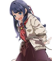  1girl arms_behind_back blue_eyes blue_hair bound brown_cardigan brown_dress cardigan commentary_request dress half_updo hasu_no_sora_school_uniform highres link!_like!_love_live! llb long_hair long_sleeves love_live! murano_sayaka neckerchief open_cardigan open_clothes open_mouth pleated_dress red_neckerchief restrained sailor_collar sailor_dress school_uniform simple_background solo sweat sweatdrop textless_version tied_up_(nonsexual) virtual_youtuber white_background white_sailor_collar winter_uniform 