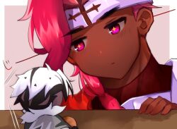  +_+ 2boys :| armor asymmetrical_bangs black_hair blush border braid braided_ponytail closed_mouth commentary_request cookie_run cookie_run:_kingdom crunchy_chip_cookie dark-skinned_male dark_skin face-to-face fingernails from_behind fur-trimmed_jacket fur_trim grey_jacket hair_behind_ear hair_slicked_back hand_on_table hand_up holding humanization jacket jitome long_hair looking_at_another male_focus mini_person miniboy multicolored_hair multiple_boys mx_pyuta1 outside_border pink_eyes pink_hair portrait red_shirt serious shirt short_hair side_braid size_difference solo_focus streaked_hair table thick_eyebrows turtleneck turtleneck_shirt two-tone_hair very_dark_skin very_short_hair white_armor white_border white_hair wildberry_cookie yellow_pupils 