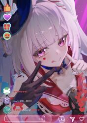  1girl :q absurdres black_gloves blunt_bangs blush butterfly-shaped_pupils closed_mouth commentary_request emoji facial_mark from_above gloves hands_up hat heart heart_facial_mark highres honkai:_star_rail honkai_(series) long_hair looking_at_viewer pink_eyes single_glove smile solo sparkle_(honkai:_star_rail) sparxie_(honkai:_star_rail) symbol-shaped_pupils tongue tongue_out top_hat translation_request twintails upper_body v white_hair yukikamaboko 