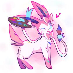  :p animal_focus artist_name blue_eyes bow bright_pupils closed_mouth colored_eyelashes commentary english_commentary full_body heart highres holding holding_paint_palette holding_paintbrush looking_at_viewer no_humans one_eye_closed paint_palette paint_splatter paintbrush pink_background pink_fur pokemon pokemon_(creature) pokemon_focus ribbon simple_background skyumbreon solo standing sylveon tongue tongue_out two-tone_fur white_fur white_pupils 