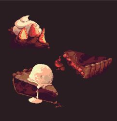  brown_background brown_theme chocolate chocolate_pie clarissa_(clarigaricus) commentary english_commentary food food_focus fruit highres hue_shifting ice_cream no_humans original pie pie_slice pixel_art simple_background still_life strawberry whipped_cream 