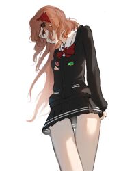 1girl absurdres badge black_cardigan black_skirt bow bowtie breasts broken_heart broken_heart_hair_ornament brown_hair button_badge cardigan collared_shirt commentary cowboy_shot crossed_legs english_commentary evil_neuro-sama evil_neuro-sama_(1st_costume) freakynira from_side hair_ornament heart heart_hair_ornament highres long_hair long_sleeves looking_at_viewer miniskirt parted_lips pleated_skirt profile red_bow red_bowtie red_eyes red_ribbon ribbon shirt simple_background skirt skull_hair_ornament small_breasts solo standing torn_hair_ribbon two_side_up v-neck vedal_ai virtual_youtuber white_background white_shirt 