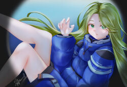  1girl atouu bare_legs blonde_hair blue_coat child closed_mouth coat commentary_request diana_(pragmata) drawstring feet_out_of_frame green_eyes hand_up highres long_sleeves looking_at_viewer padded_coat pout pragmata puffy_coat puffy_long_sleeves puffy_sleeves signature solo spotlight virtual_youtuber 
