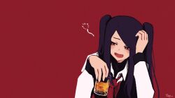 1girl absurdres black_hair black_vest bow commentary drunk english_commentary highres jill_stingray long_hair long_sleeves red_bow rnna shirt signature simple_background solo twintails upper_body va-11_hall-a vest white_shirt 