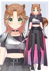  1girl :d animal_ears armor ayunda_risu ayunda_risu_(dark_side) belt belt_pouch black_belt black_boots black_pants black_shirt boots bracer breastplate brown_hair choker cloak closed_mouth colored_inner_hair commentary_request cropped_shirt cross cross_earrings curtained_hair earrings energy_sword extra_ears facepaint fingerless_gloves gloves green_eyes hair_bun hair_ornament hairclip highres holding holding_sword holding_weapon hololive hololive_indonesia jewelry knee_boots lace-up_boots lightsaber looking_at_viewer medium_hair midriff multicolored_hair necklace o-ring o-ring_choker official_art open_mouth pants pauldrons pink_hair pouch shirt shoulder_armor side_up_bun single_earring single_hair_bun smile squirrel_ears squirrel_girl squirrel_tail streaked_hair sword t-shirt tail variations virtual_youtuber weapon yatomi 