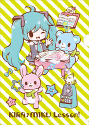  1girl :q ahoge aqua_hair bear bird blush chibi chibi_only food_scarf hatsune_miku instrument lowres metronome music official_art one_eye_closed piano playing_instrument playing_piano rabbit sheet_music solo_focus star_(symbol) tongue tongue_out vocaloid 
