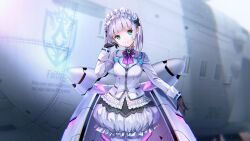  1girl black_bow black_gloves blurry blurry_background bow bowtie breasts brooch closed_mouth commentary cowboy_shot english_commentary frilled_shirt frills gloves green_eyes grey_hair hair_bow hairband hand_up head_tilt heaven_burns_red highres jacket jewelry lolita_fashion lolita_hairband long_sleeves looking_at_viewer mechanical_wings medium_breasts medium_hair official_art purple_bow purple_bowtie ribbon-trimmed_sleeves ribbon_trim shirt smile solo split_mouth straight_hair striped_bow striped_bowtie striped_clothes sugawara_chie suit_jacket third-party_source twintails white_jacket white_shirt wings 