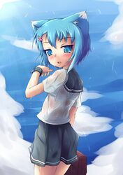  ast_exception blue_eyes blue_hair bra bracelet cat_ears cloud clouds hair_ornament hairpin jewelry lingerie original rain school_uniform see-through sky striped striped_bra underwear wet 