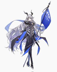  1girl black_cloak black_gloves blue_eyes cloak closed_mouth commentary_request fingerless_gloves flag full_body fur-trimmed_cloak fur_trim gloves grey_hair hair_between_eyes heterochromia high_heels highres holding holding_flag horns long_hair simple_background solo sunbringer_(zenless_zone_zero) very_long_hair white_background yellow_eyes zehuij zenless_zone_zero 